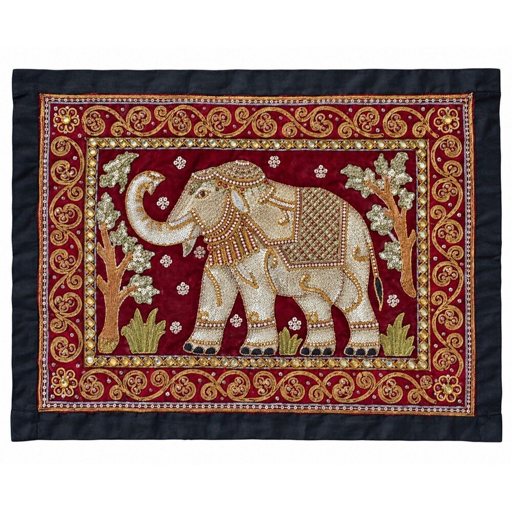 Kalaga Elephant Wall Hanging Beaded Sequin Velvet Tapestry 24.5 × 20